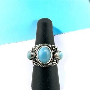 Sterling Silver Blue Genuine Larimar 3 Stone Ring Filigree Design Size 6
